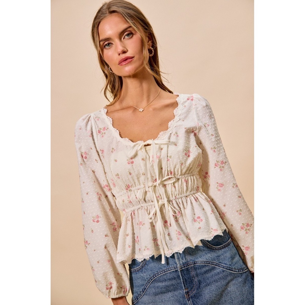 SO ME Floral Clip Dot Lace Trim Ruched Bodice Blouse - White - Medium - Picture 6 of 16